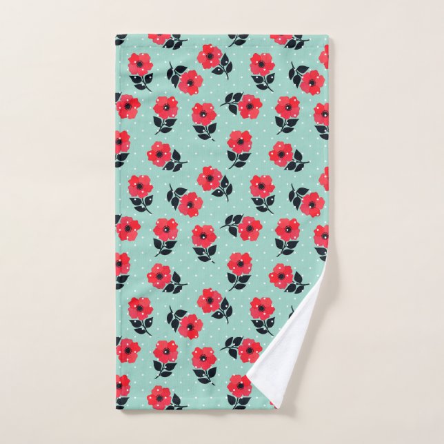 Beau Aqua et Rouge Floral Polka Motif (Serviette à main)