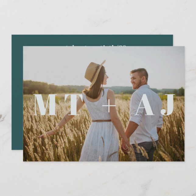 Beau bleu Turquoise Monogramme Mariage photo (Devant / Derrière)