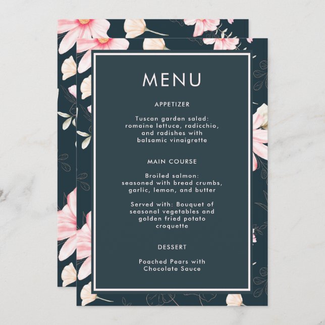 Beau Blue Blush Floral Mariage Menu (Devant / Derrière)