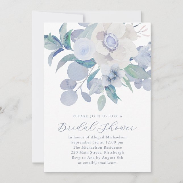 Beau Blue Floral nuptiale Invitation douche (Devant)