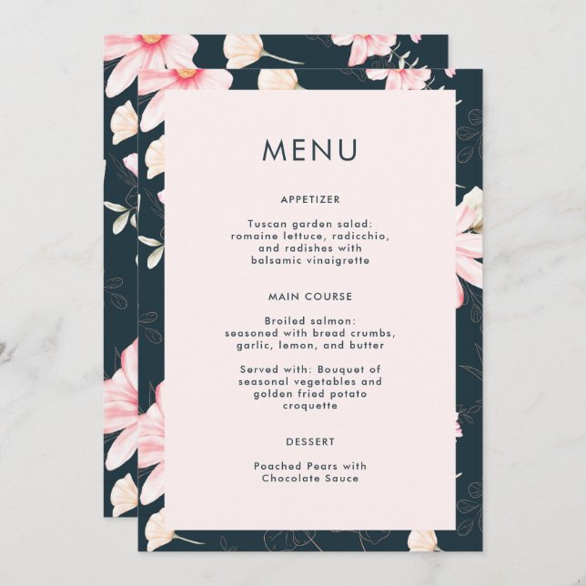 Beau Blush Floral Blue Mariage Menu (Devant / Derrière)