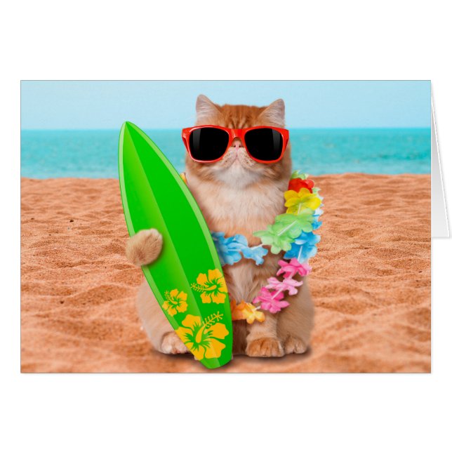 Beau chat surfeur sur la plage (Devant horizontal)