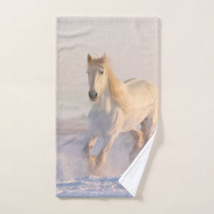 Beau Cheval Blanc Galloping dans la neige