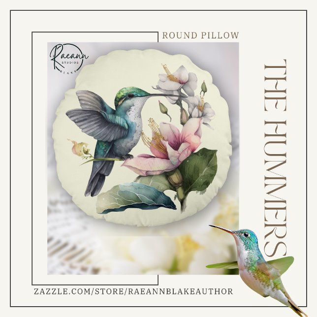Beau colibri et fleurs Coussin rond (Créateur téléchargé)