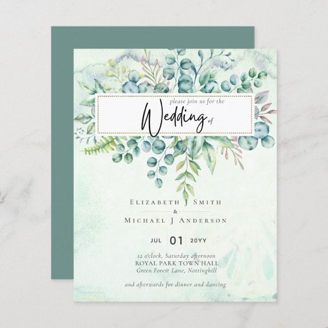 Beau Dusty Sage Eucalyptus Invitation BUDGET (Devant / Derrière)