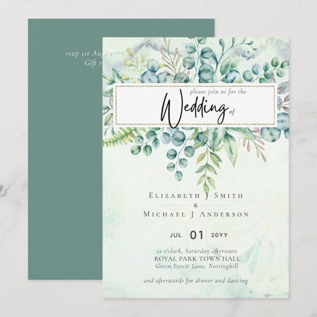 Beau Dusty Sage Eucalyptus Invitation de verdure (Devant / Derrière)