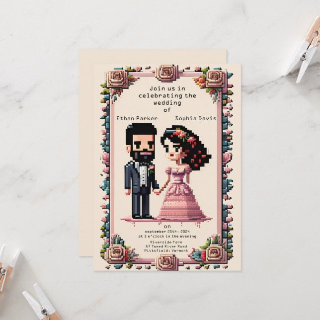 Beau Faire-part de mariage Pixel Art (Devant/Arrière en situation)