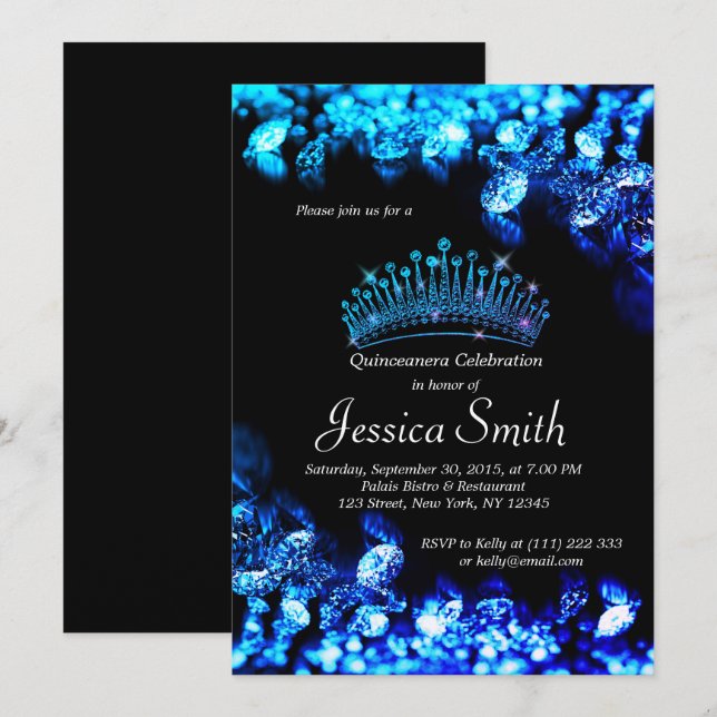 Beau Invitation royal de Diamant bleu Quinceañera (Devant / Derrière)