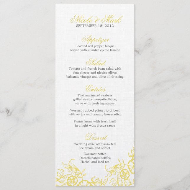 Beau Jaune & Gris Floral Menu de mariage personnal (Devant)