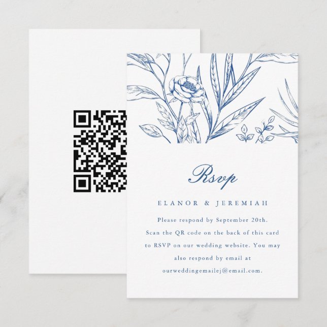 Beau mariage floral bleu RSVP avec code QR (Devant / Derrière)