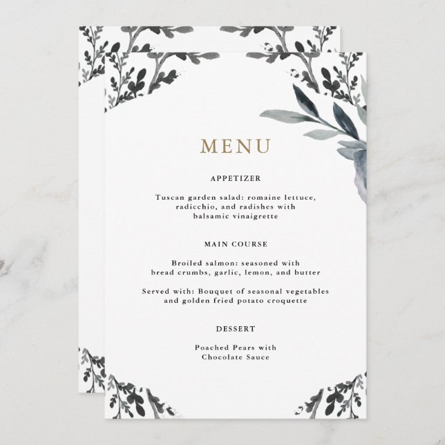Beau menu Mariage de feuillage bleu (Devant / Derrière)