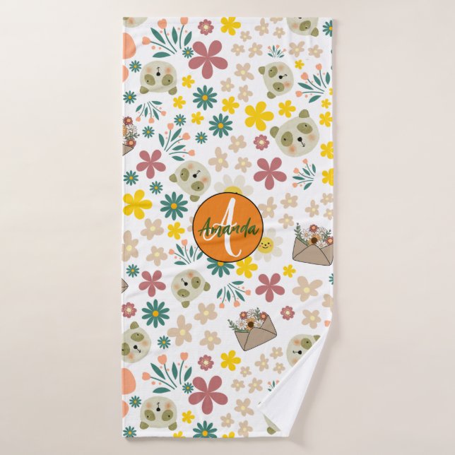 Beau monogramme floral girly feminine blanc (Serviette de bain)