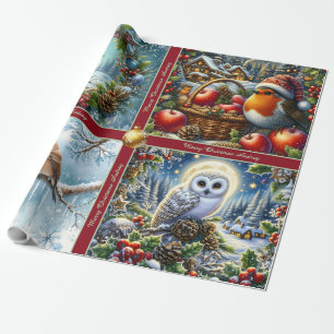 Beau Papier Cadeau de Noël Oiseaux d'Hiver