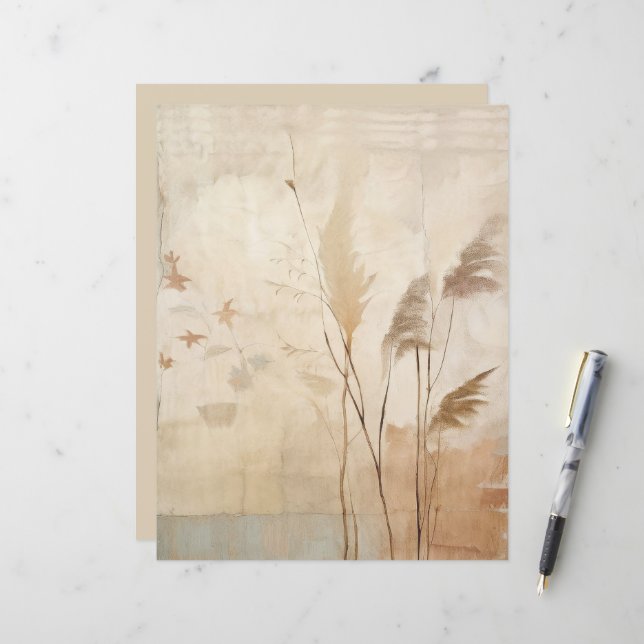 Beau Papier Scrapbook Boho Herbe et Feuilles (Devant/Arrière en situation)