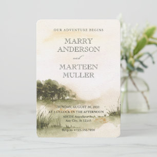 Beau paysage aquarelle faire-part de mariage