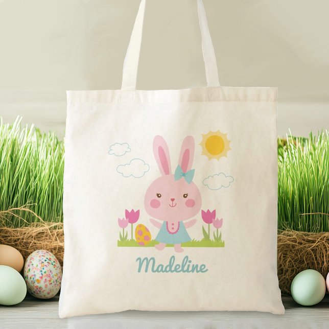 Beau Sac fourre-tout lapin de Pâques (Personalize this cute pink Easter bunny tote bag with your name. Great gift for an Easter egg hunt.)