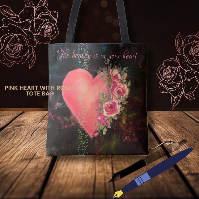 Beau Sac fourre-tout rose Coeur noir (Beautiful Pink Heart black Tote Bag)