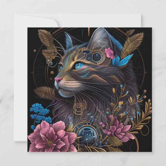 Beau steampunk Maine Coon avec fleurs IA art (Devant)