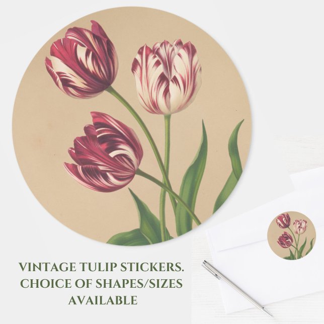 Beau Stickers Tulips Vintages (Beautiful vintage burgundy ruffled tulips grace these stickers for cards or crafts. Great for Easter)