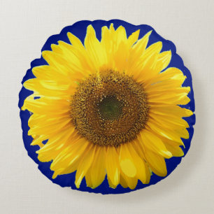 Beau Tournesol sur Coussin Rond Bleu Royal