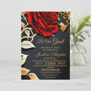Beauté et la Bête Rouge Rose Sweet 16 Invitations