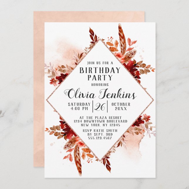 Beauté Rustique Floral Invitation fête d'anniversa (Devant / Derrière)