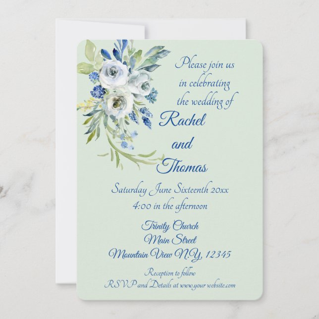 Beautiful Blue And Mint Floral Wedding Invitations (Devant)