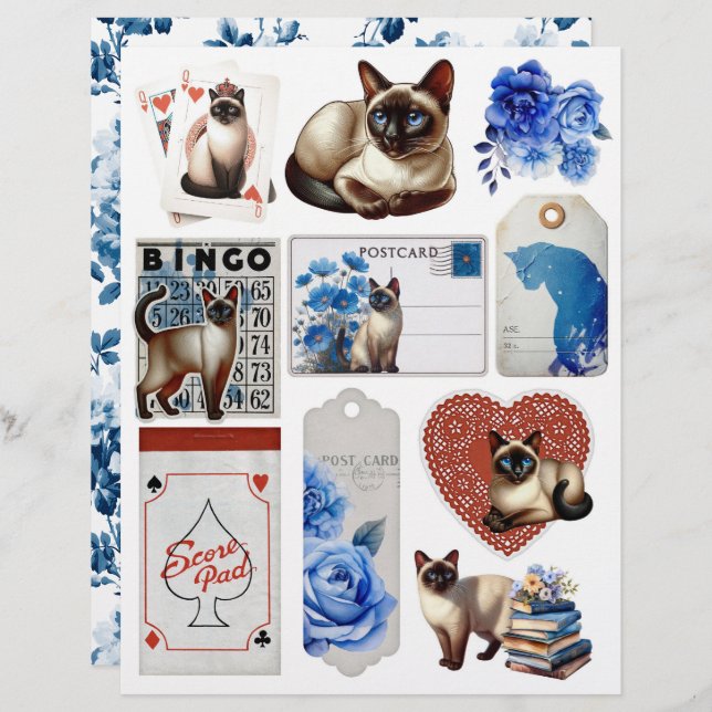 Beautiful Fussy Cuts with Siamese Cat & Blue Roses (Devant / Derrière)