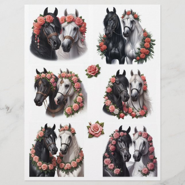 Beautiful Horse Pairs with Pink Rose Wreaths (Devant)