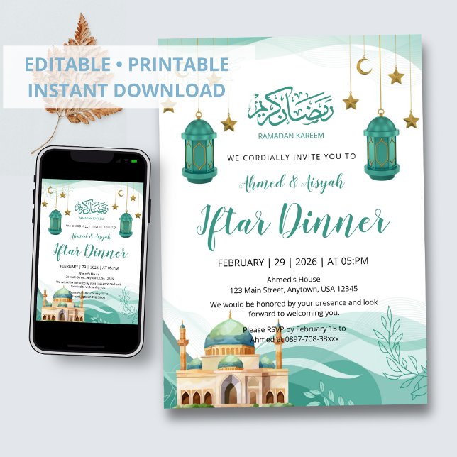 Beautiful Teal Watercolor Mosque Iftar Invitation (Créateur téléchargé)