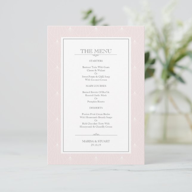 Beautiul Pastel Pink Menu Mariage Art Déco (Debout devant)