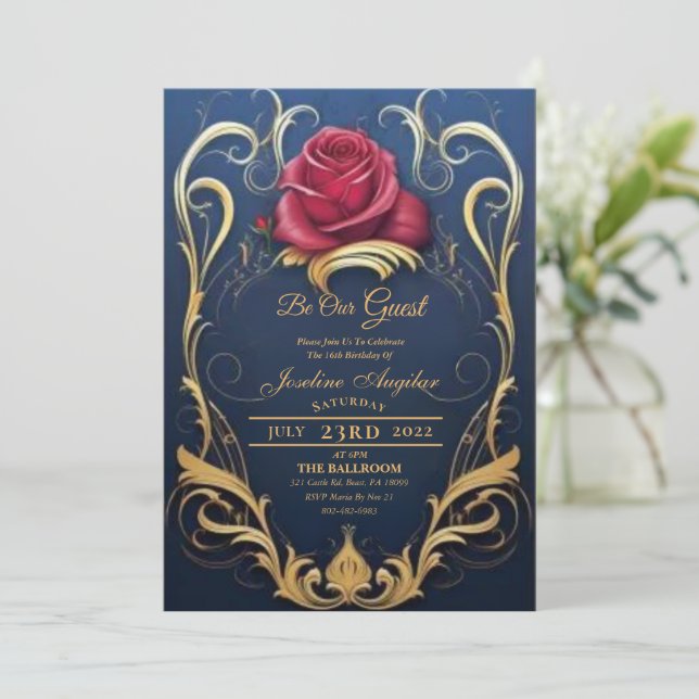 Beauty and the Beast Red Rose Sweet 16 Invitations (Debout devant)