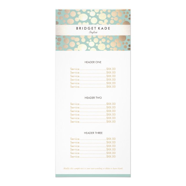 Beauty Salon Gold Turquoise Spotted Motif Menu (Devant)