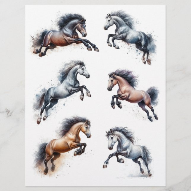 Beaux Chevaux à l'aquarelle bondissant dans les ai (Devant)