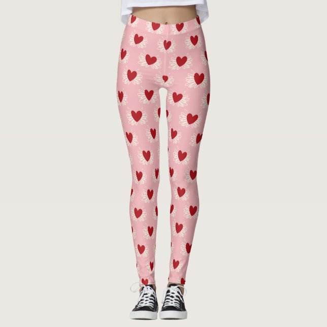 Beaux coeurs rouges imprimés leggings blancs et ro (Devant)