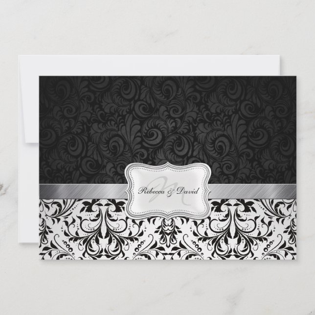 Beaux invitations de Mariage damassé noir et blanc (Devant)
