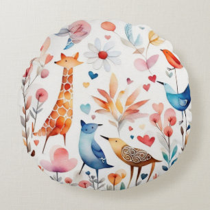 Beaux oiseaux colorés fleurs d'animaux Coussin ron