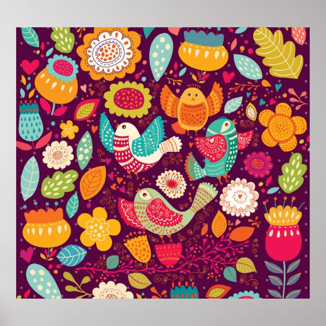 Beaux oiseaux, fleurs, affiche artistique (Devant)