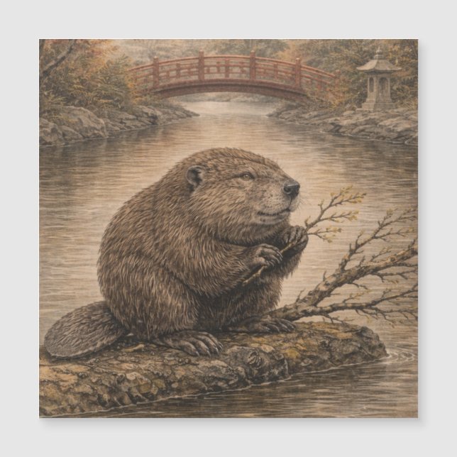 Beaver Japanese Landscape Magnet Card (Devant)