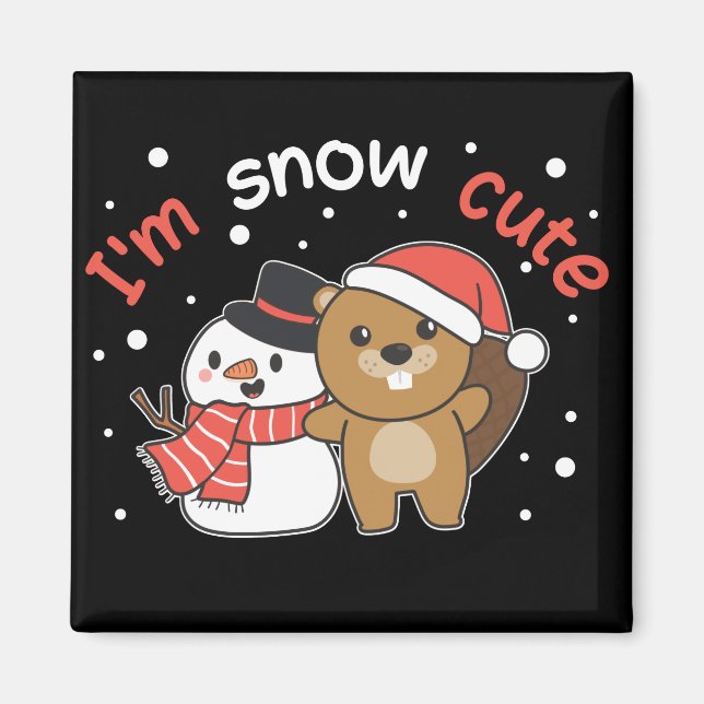 Beaver Je suis Snow mignon Snowman Pun Magnet (Devant)