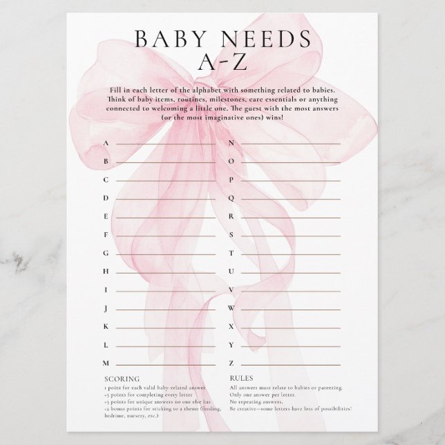Bébé à ruban rose a besoin d'une carte de jeu A-Z  (Devant)