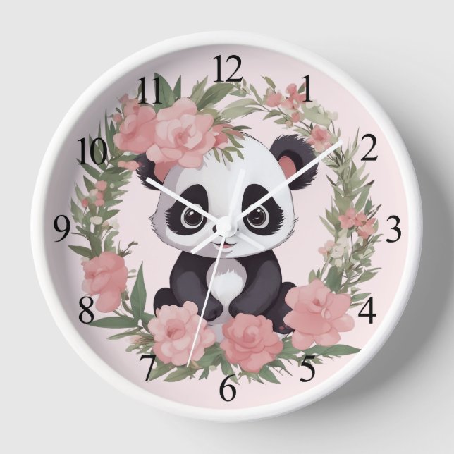 Bébé adorable Panda Ours avec Fleurs Horloge mural (Recto)