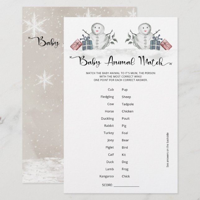Bébé Animal Match Baby shower Snowman (Devant / Derrière)