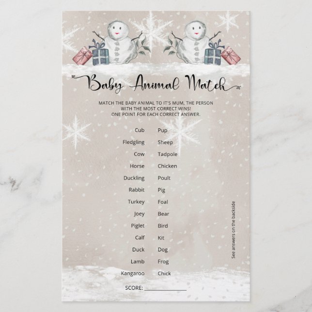 Bébé Animal Match Baby shower Snowman (Devant)