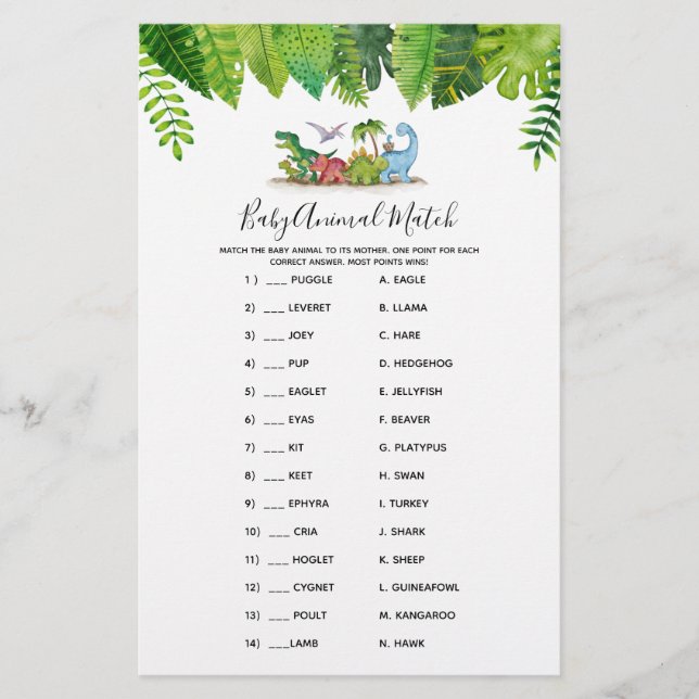 Bébé Animal Match Dinosaur Baby shower Jeu (Devant)