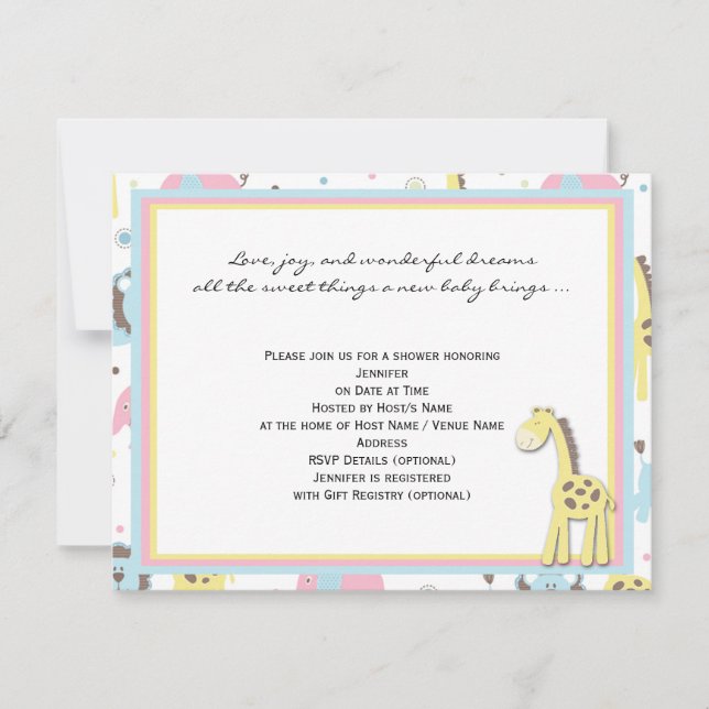 Bébé Animaux Girafe Jaune Douche Invitation (Devant)