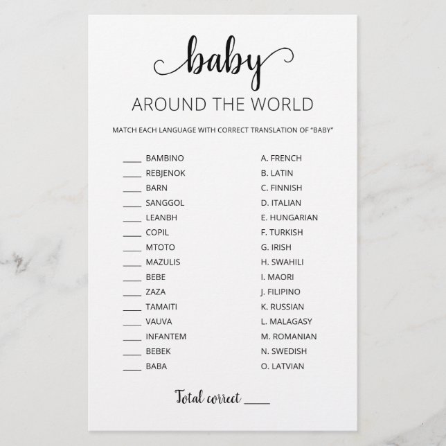 Bébé autour du monde avec réponses Baby Shower (Devant)