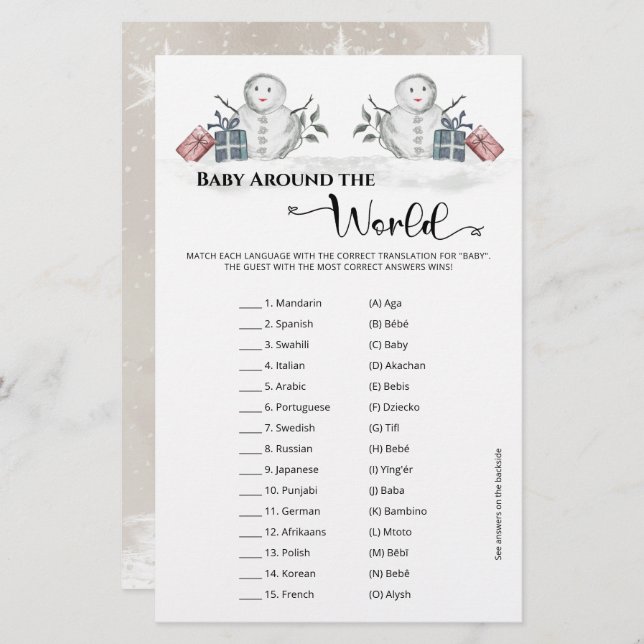 Bébé autour du monde Baby shower de Snowman (Devant / Derrière)