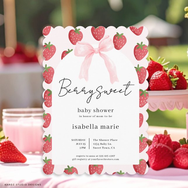 Bébé aux fruits sucrés arrive Invitation Baby Show (The front of the invitation is shown at a 5x7 inch size with scalloped frame.)