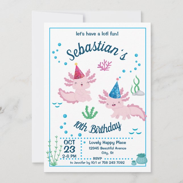 Bébé Axolotl Blanc Anniversaire Fête Invitation (Devant)